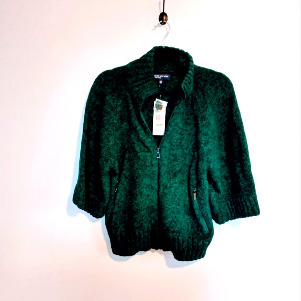 NWT Jones New York green heavy weight shirt sleeve zip up cardigan size small fr